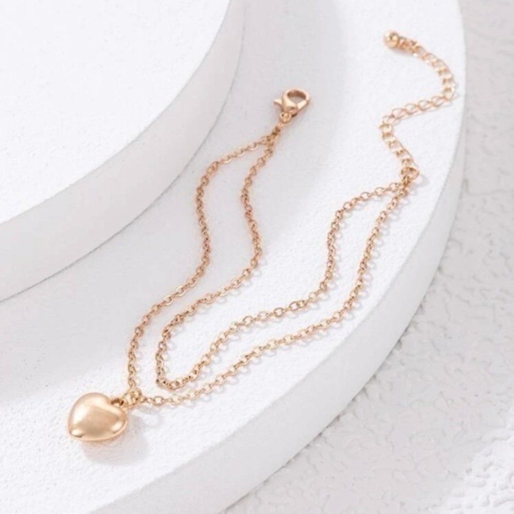 Heart Charm Layered Anklet Golden Chain - Picture 7 of 7